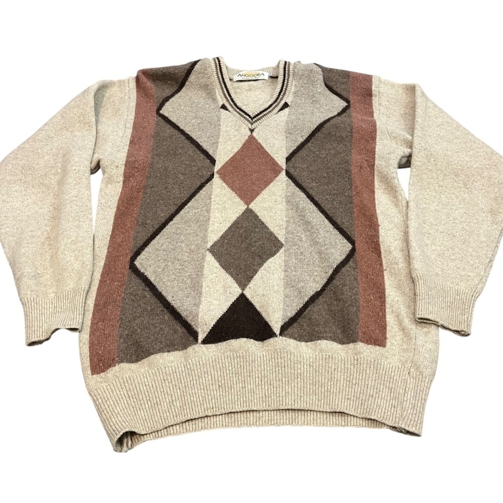 Angoora Barcelona V-Neck Sweater Mens 38 Beige Argyle Geometric Knit Vintage